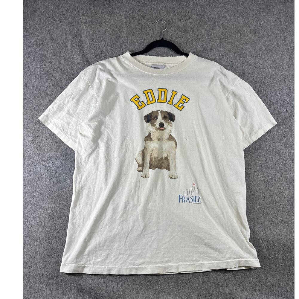 VINTAGE 90s Frasier Eddie Shirt Mens XL White Dog Graphic Tee Stanley Desantis